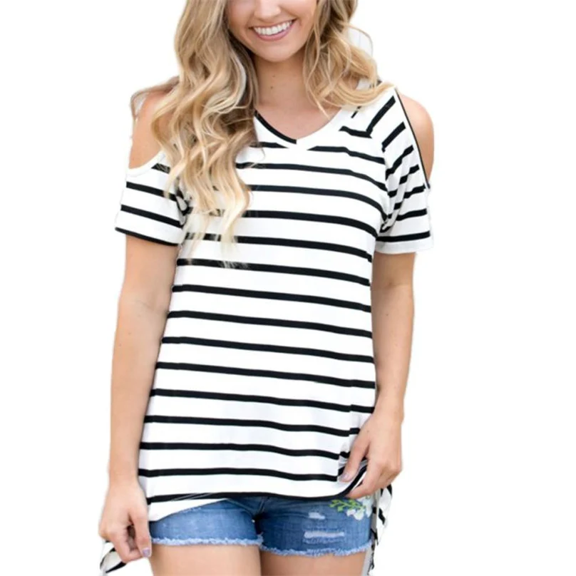 Black and White Striped Off shoulder V-Neck T-shirt Clothing Short Sleeve Black White Color Tops Vintage T-shirt NEW #JFR0 Black and White Striped Off shoulder V-Neck T-shirt Clothing Short Sleeve Black White Color Tops Vintage T-shirt NEW #JFR0