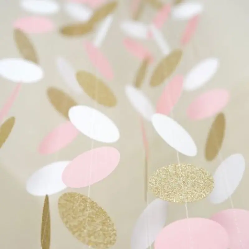 

10 Feet Pink White and Gold Glitter Circle Polka Dots Paper Garland Banner Streamers Bridal Shower Wedding Hanging Decor