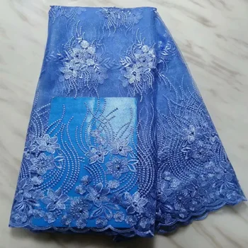 

2018 French Embroidered mesh lace Fabric Sky Blue Beads African Lace Fabric High Quality Guipure lace for Nigeria lace wedding
