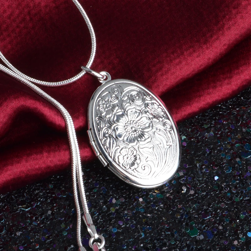 

England Retro 925 Sterling Silver Necklace Round Open Locket Pendant Necklaces Photo Women Collar Jewelry