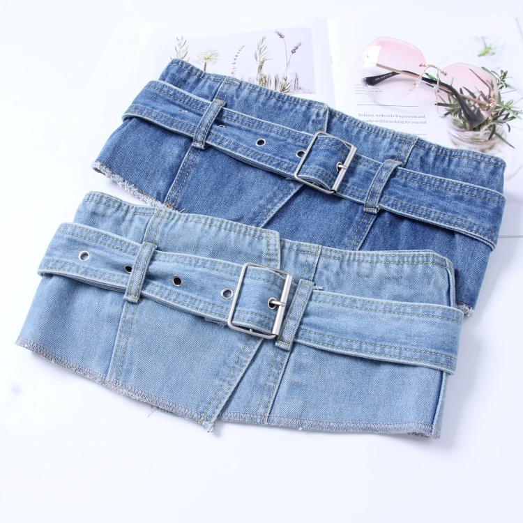 

Demin Fabric Wide Slim Corset Belt Women Vintage European Street Ladies Buckle Washed Jean Blue Shirt Dress Strap Belts Girdle