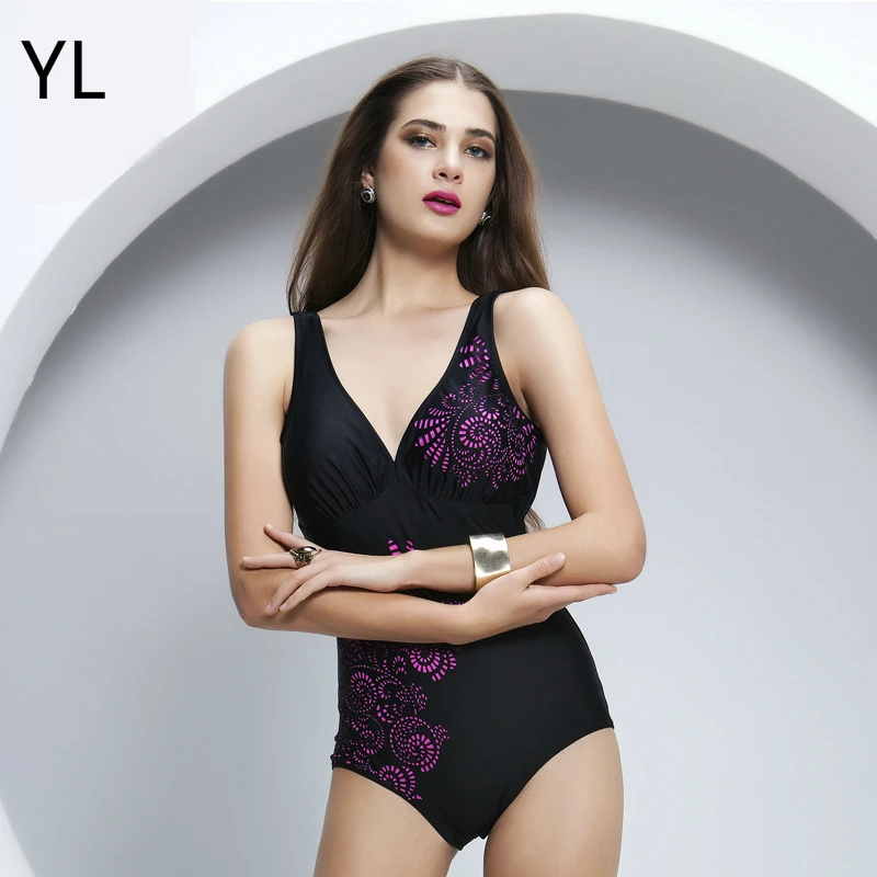 Online 2018 neue Rabatt Schwarz V ausschnitt einteiligen Badeanzug Sexy Damen Marke Bademode 3D Gedruckt Backless Strand Badeanzug Monokini XXL