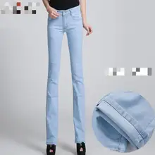 Женские весенне-осенние большие размеры, Новое поступление, расклешенные брюки, длинные джинсы средней длины на молнии, обтягивающие джинсы естественного цвета, средний вес