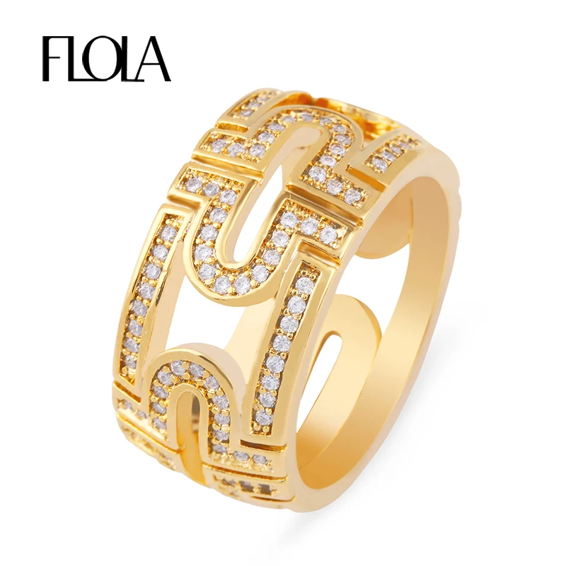 

FLOLA Yellow Gold Inlaid Zircon Hollow Rings for Women Dubai Bridal U Pattern Finger Band Ring Trendy 585 Gold Jewelry rigf59