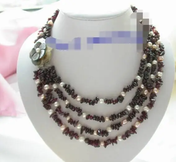 

3292 4rows white pink freshwater pearls red garnet necklace