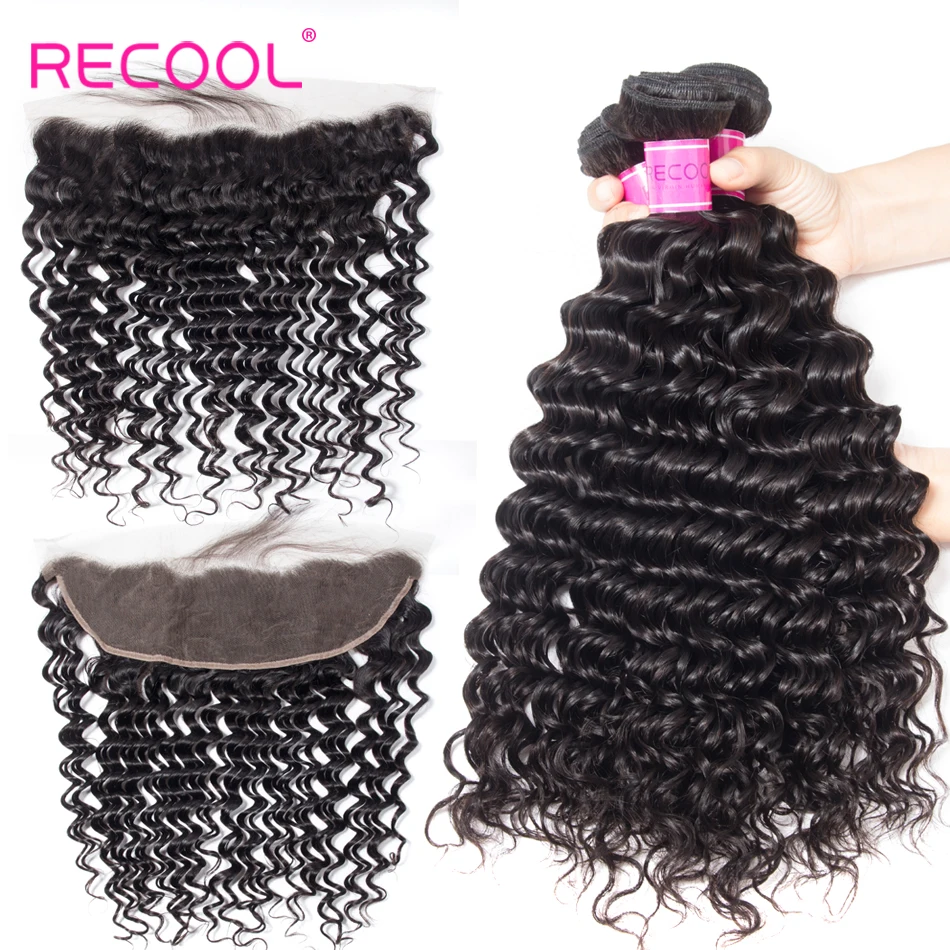 

Recool Hair Deep Wave Bundles & Lace Frontal Closure With Bundles Brazilian Hair Weave Bundles Human Hair 3 Bundles With Frontal