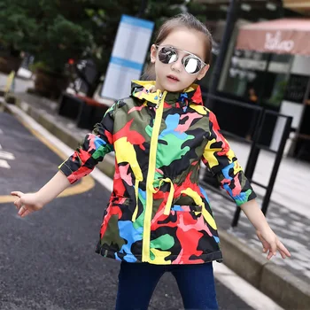 

Teens Girls 4-14 Years Autumn Hooded Windbreaker Jacket Coat Casual Sport Camouflage Thin Waterproof Raincoat Outerwear