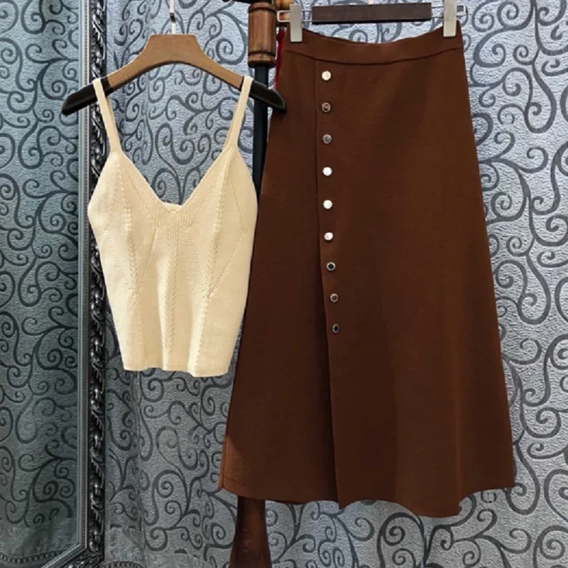 

New 2019 Spring Summer Autumn Sweater Suits Women Strap Vest Tops+Single Breasted Mid-Calf Knitted Skirt Set Casual Knitwear