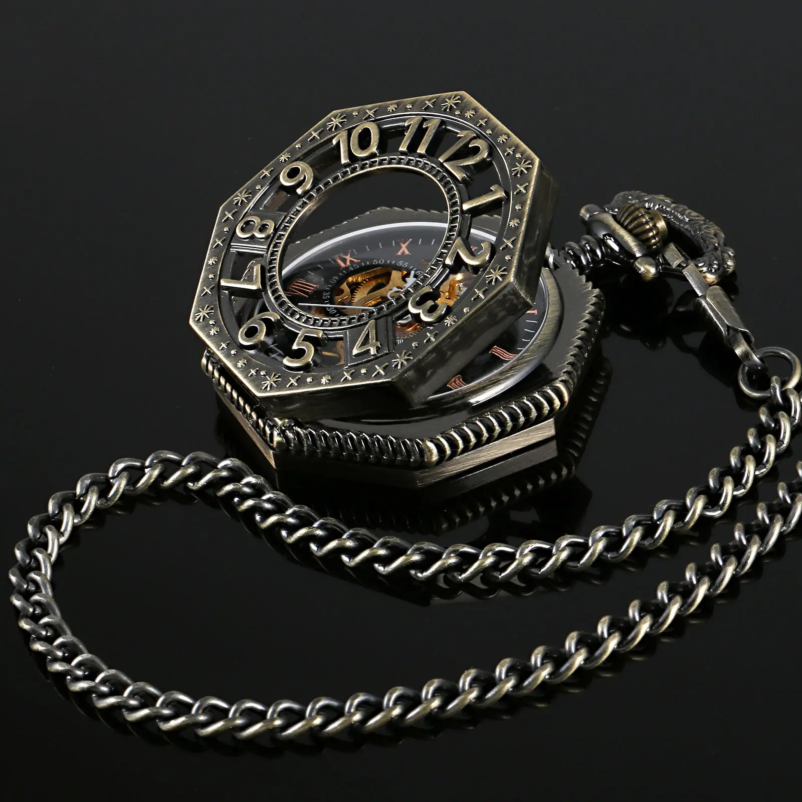 Механические Octagon цепи скелет часы Винтаж бронзовый тон Мужские Корпус стимпанк карманные часы