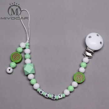 

Personalised -Any name Hand made green white wooden beads dummy clip holder pacifier clips soother chain teether clip
