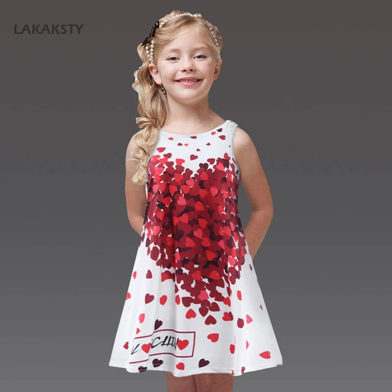 

LAKAKSTY Kids Girls Dress 2019 Casual Summer Girl Clothes Sweet Heart Print Children Dresses Baby Clothing 2 3 4 5 6 Years Age