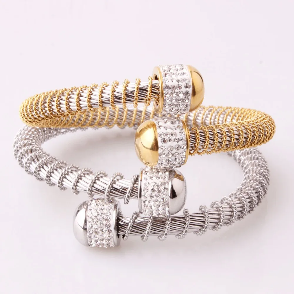 Fashion Rhinestion 316L Stainless Steel Silver Or Gold Wire Twisted Chain Open End Cuff Bangle Mens Womens Bracelet 45G | Украшения и