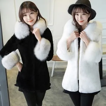 

Winter Women Outerwear Medium-long Faux Rabbit Fur Coat with a Fox Fur Hood Thick Warm fur coats and jackets white/black