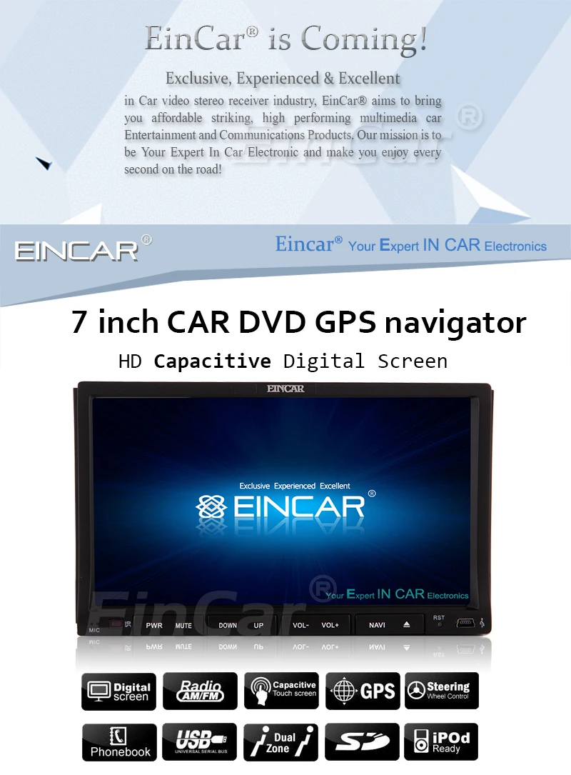 EinCar Capacitive GPS Navigation In Dash PC CD DVD Player Car Stereo Double Din BT Audio Head Unit PC Auto radio Audio Receiver System Car Video 7 iPod Remote control