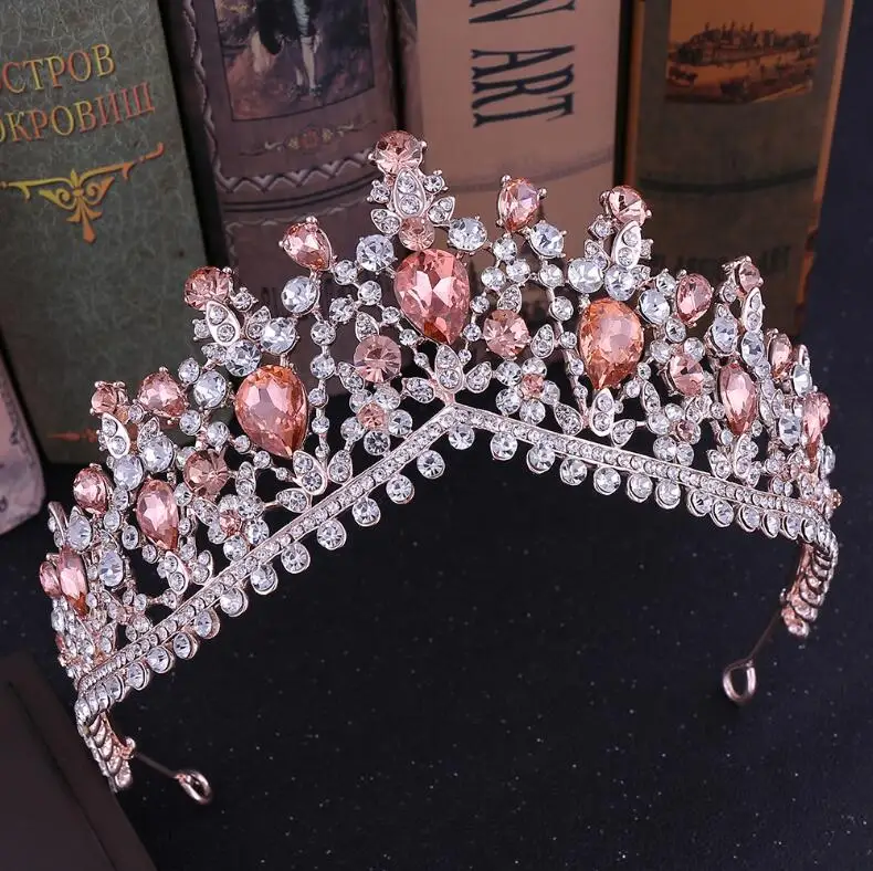 KMVEXO барокко розовое золото розовый кристалл свадебные диадемы Короны из горного хрусталя диадема для королевской невесты ободки свадебные аксессуары для волос - Окраска металла: Rose Gold Pink
