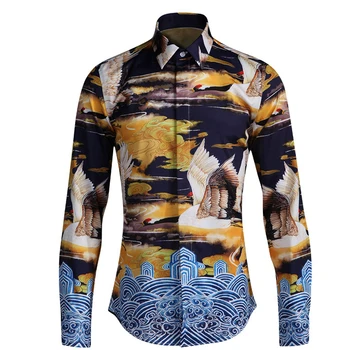 

HOT!! New Brand Luxury Men shirts Long Sleeve Chemise Homme Fashion Mens Casual shirts crane printed shirts M-L-XL-2XL-3XL-4XL