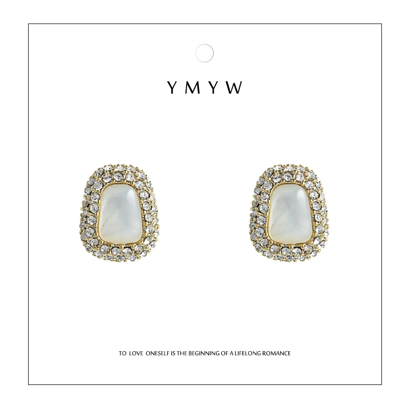 YMYW Fashion Chic Rhinestone Opal Stud Earrings 925 Zinc Alloy 14 k Plated Gold for Women Pendientes Mujer Moda 2019 | Украшения и