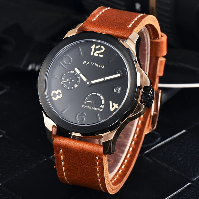 

2017 New Arrivals Self Wind Mens Automatic Watch Luxury Top Brand Parnis 44mm Power Reserve Rose Gold Black Designer Watch Men