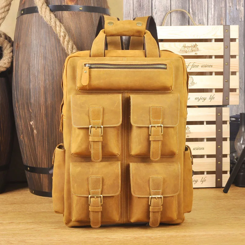 

Classic crazy horse leather backpack for men multifunction 17 inch laptop big capacity travel rucksack cowhide daypack for male