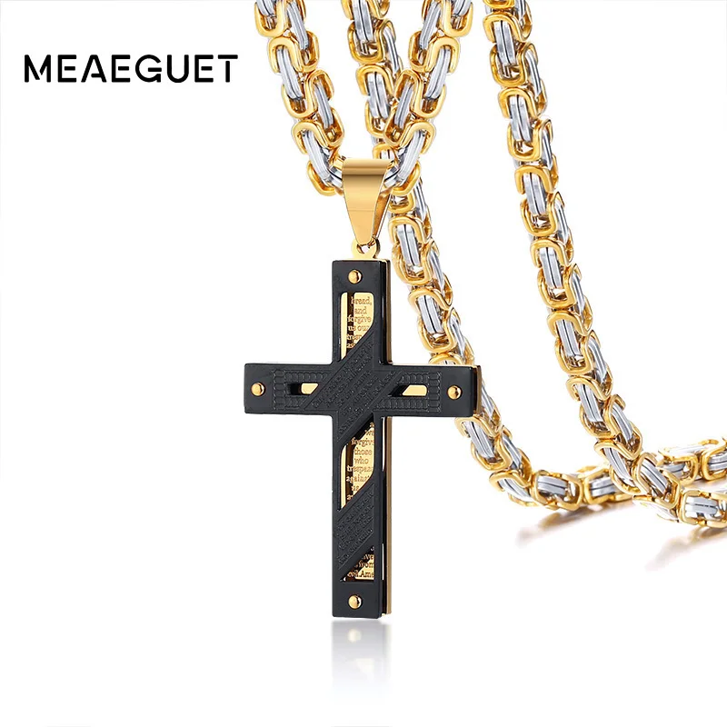 

Empty Christian Lord's Prayer Crucifix Cross Bible Prayer Pendant Black Gold Color Stainless Steel Men Necklace Gifts
