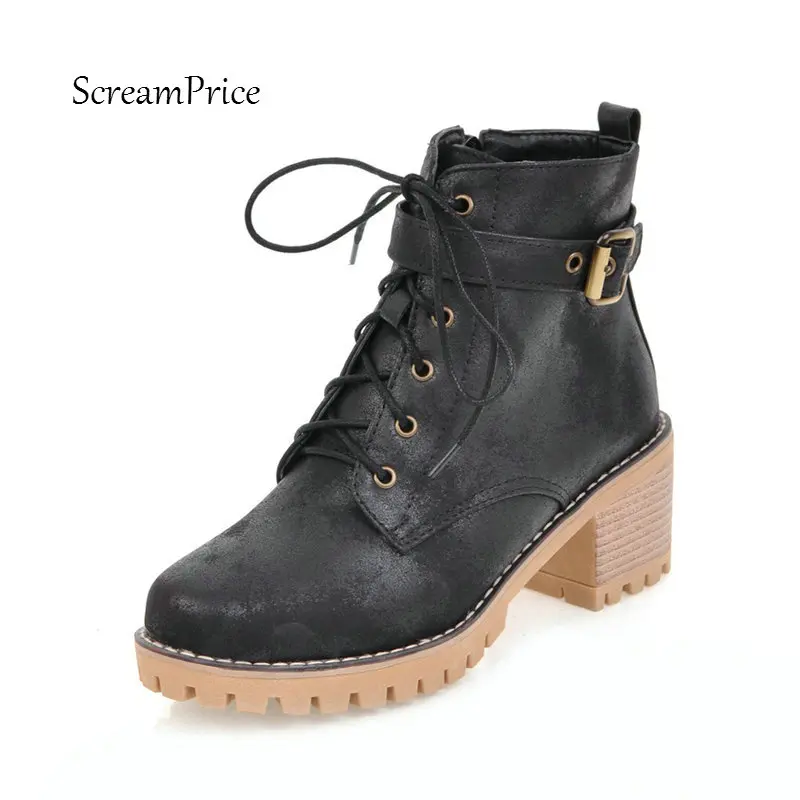 

Women Platform Side Zipper Comfortable Square Heel Ankle Boots Fashion Cross Tied Winter Shoes Black Wine Red G