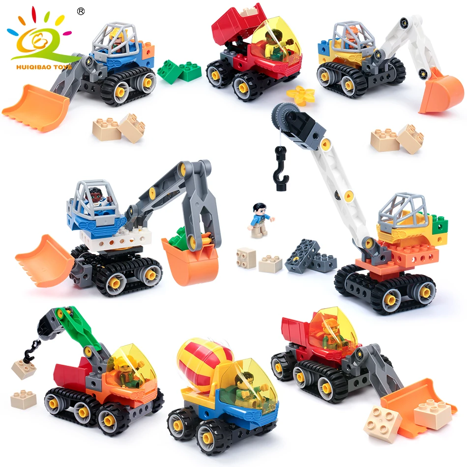 

8 Styles City Engineering Car DIY Big Size Building Blocks Compatible Legoed Duploe Worker Figures Bricks Educational Toys Child