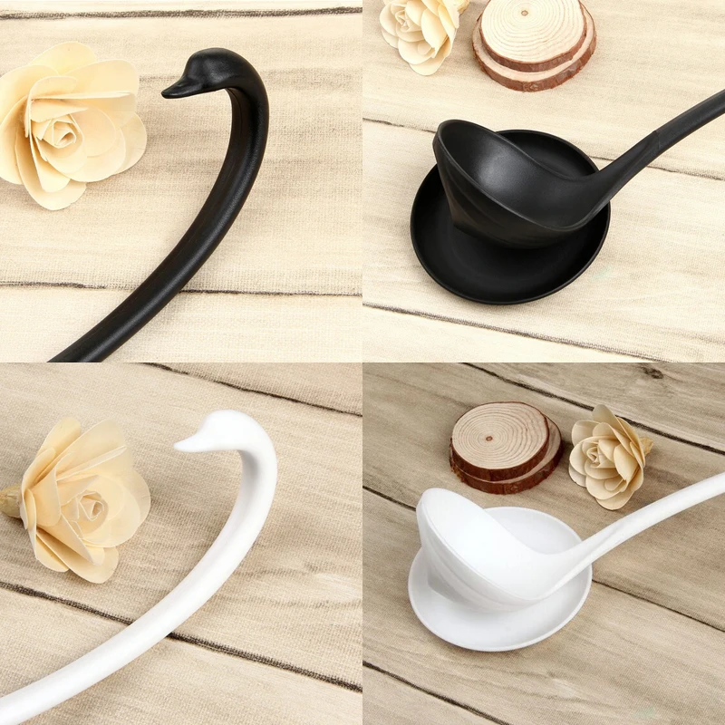 Cute Swan Soup Ladle White/Black Design Upright Swan Spoon Kitchen+Saucer CA
