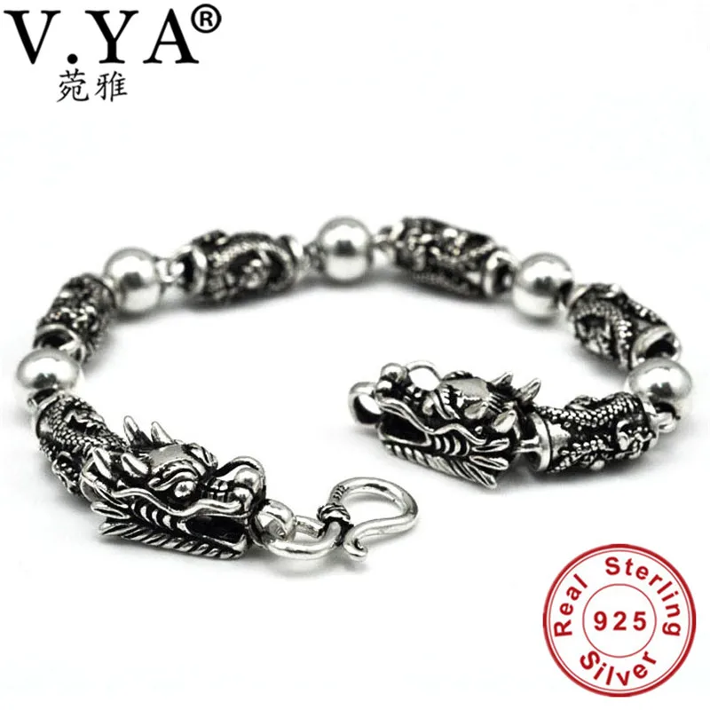 

100% Real Pure 925 Silver men bracelet Wholesale Genuine fine double dragon head bracelet free shipping men jewelry HYB16