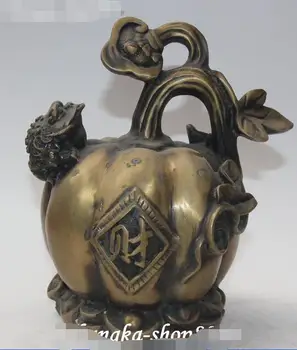 

8" Old China Bronze Wealth Money Yuanbao Ruyi Pumpkin Golden Toad Spittor Statue