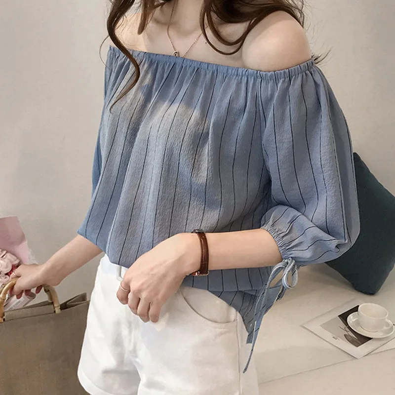 Women Blouses 2019 Tops Striped Print Slash Neck Loose Lantern Sleeve Chiffon Blouse Women Shirts Ladies Blouses Femme Female