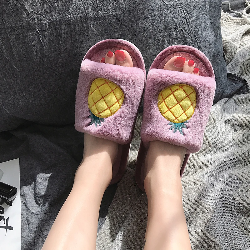 

EOEODOIT Women Fur Slippers Cute Fruit Flat Heel Open Toe Drags Soft Autumn Winter Home Floor Slides Shoes
