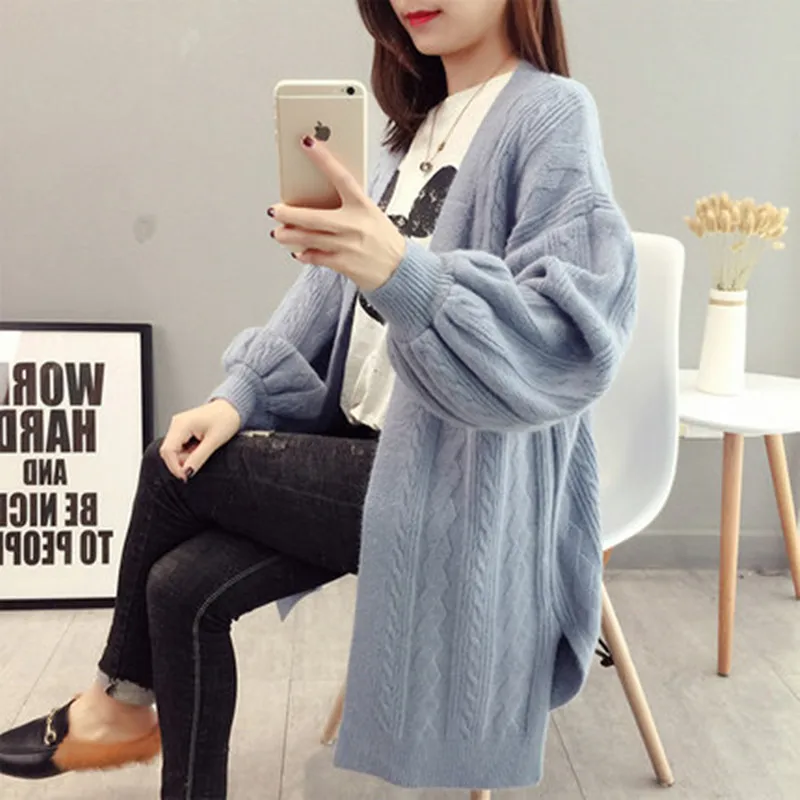 Women's Knit Cardigan Fashion Loose Korean Sweater Autumn  Winter Twist Sweater Jacket 2019 New Lantern Sleeve Knit Cardigan (1)