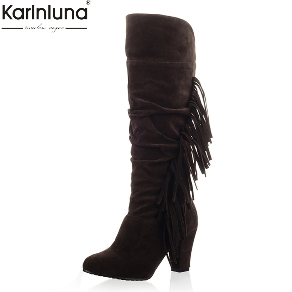 

KarinLuna 2018 large sizes 32-43 add plush woman fringes boots women's Shoes Woman high heels winter woman Shoes boots