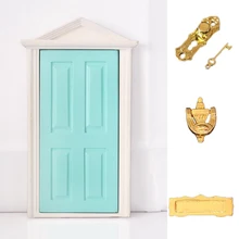 Miniature Dolls Houses Games Toys Wooden Door with Hardware 4 Panels Top Pointed- Mint Green