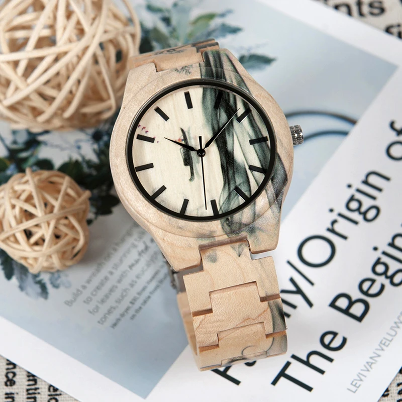 BOBO BIRD Mens Watch Ink Painting Design All Maple Wood Watches for Males in Wooden Gift box