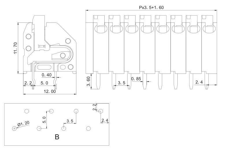 Пружинный PCB Соединительный терминал KF250-2.5mm/2,54 мм/3,5 мм/7,0 мм расстояние бесвинтовой пружинный пресс-терминал может быть соединен 250A/250B - Цвет: KF250-3.5MM B foot