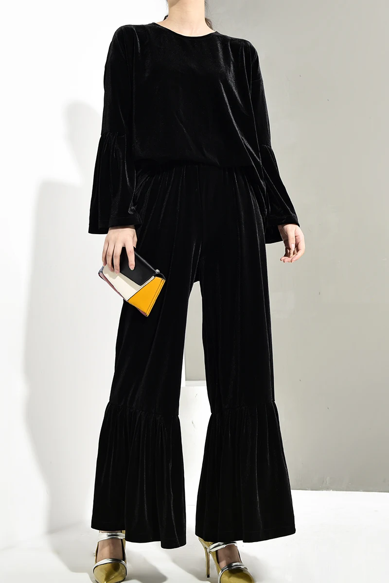 [EAM] New Spring Autumn Round Neck Long Sleeve Black Velevt Loose Wide Leg Pants Two Piece Suit Women Fashion Tide JY9040