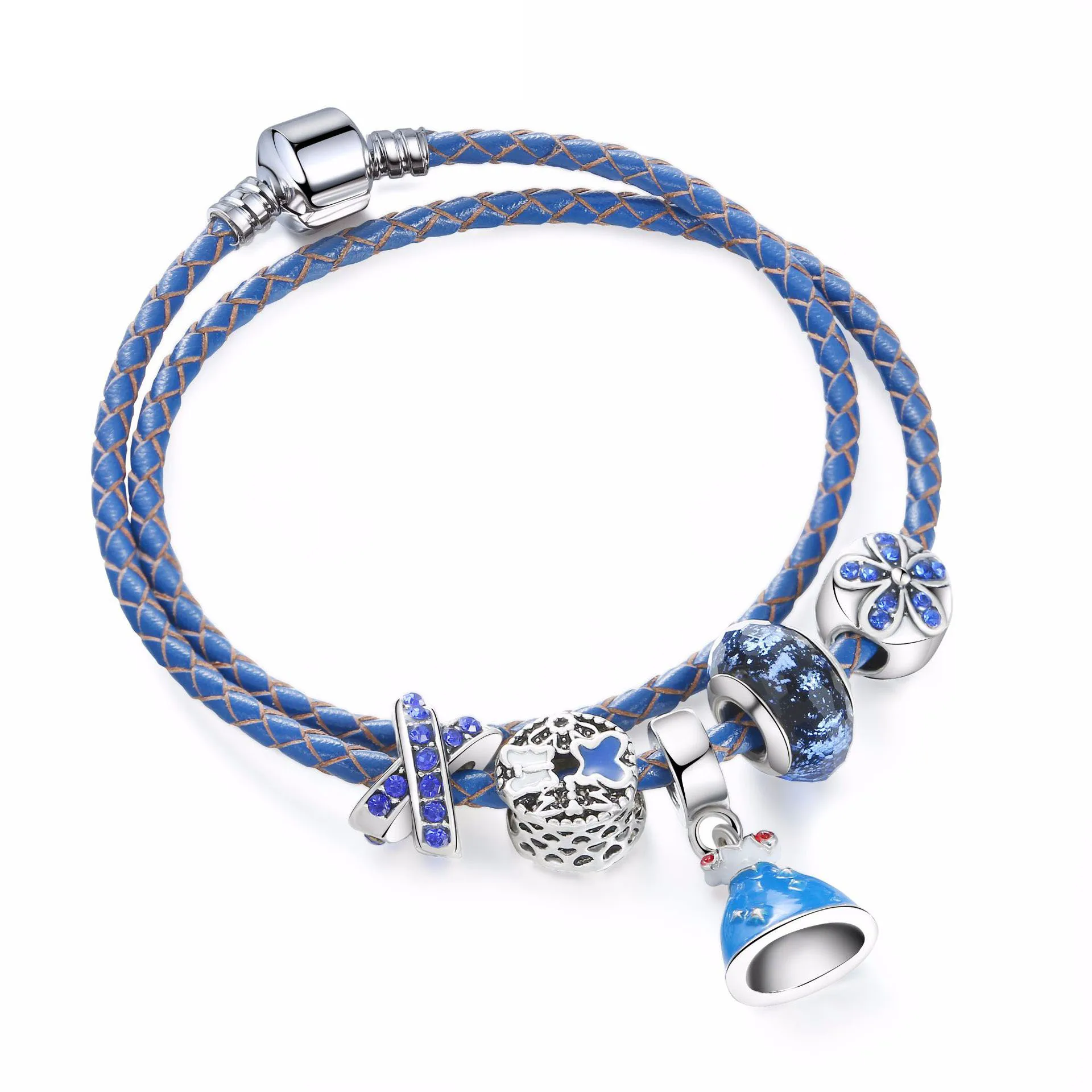Leather rope Charm pan Bracelets for women blue Crystal bright glass