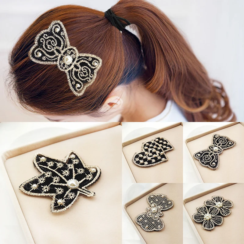 

2018 Hair Accessories Bowknot Bang sticker Korean Lace Flowers Crystal Pearl Girls Magic Sticker Women jewelry Embroidery tiara