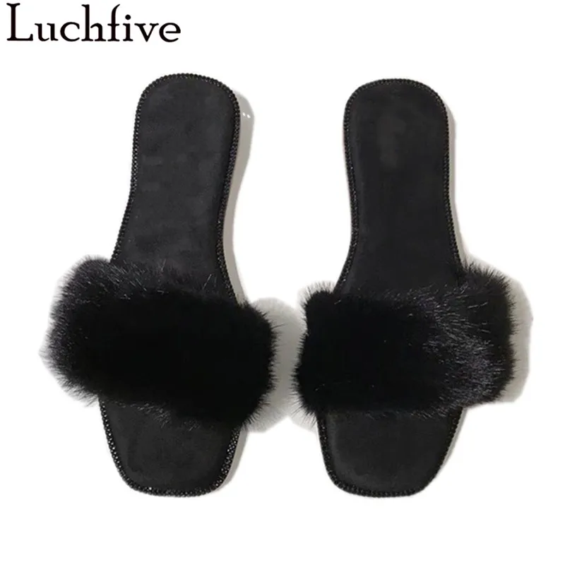 

Luchfive Nubuck Fur Slippers Summer Open Toe Solid Concise Design Fashion Outdoor Flat Slippers Women Black White Red