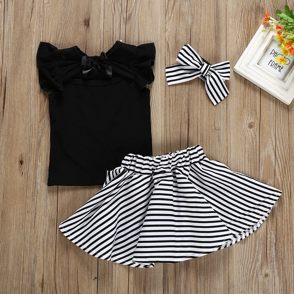 

Baby Girl Outfit Sets summer Cotton Kids Baby Girl Outfits Clothes T-shirt+Stripe Bowknot Skirt+Headband Set F506