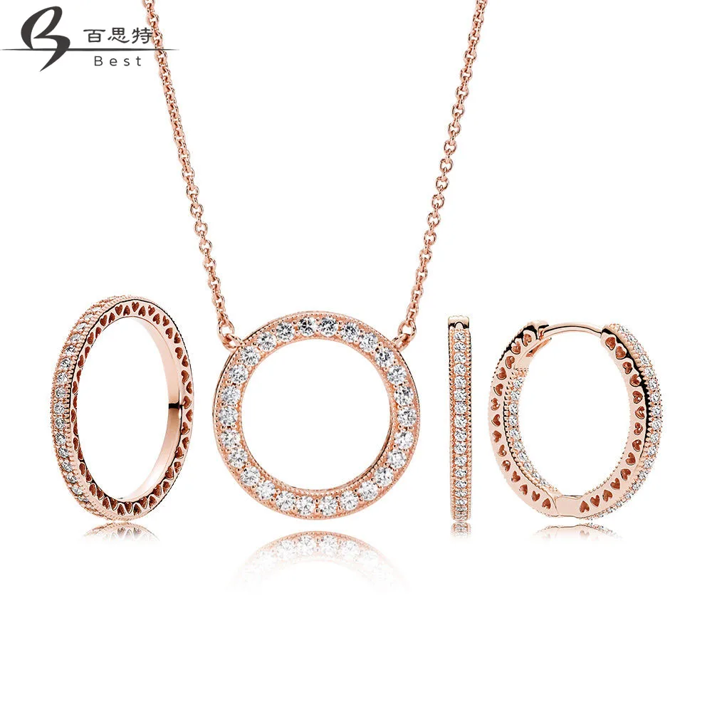 

BEST 100% 925 Sterling Silver Rose Radiant Hearts Gift Set Necklace Charms rings Fit DIY Set