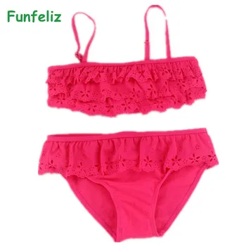 Funfeliz Children girl swimwear 3T-14T girl two pieces swimsuit pink bathing suit Girls Bikini kids swimming suit