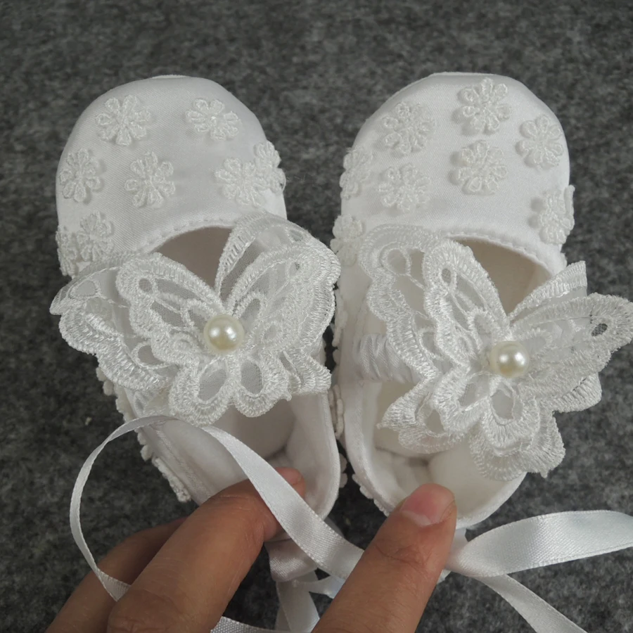 Customized High quality Lace Christening Booties, butterfly floral Lace