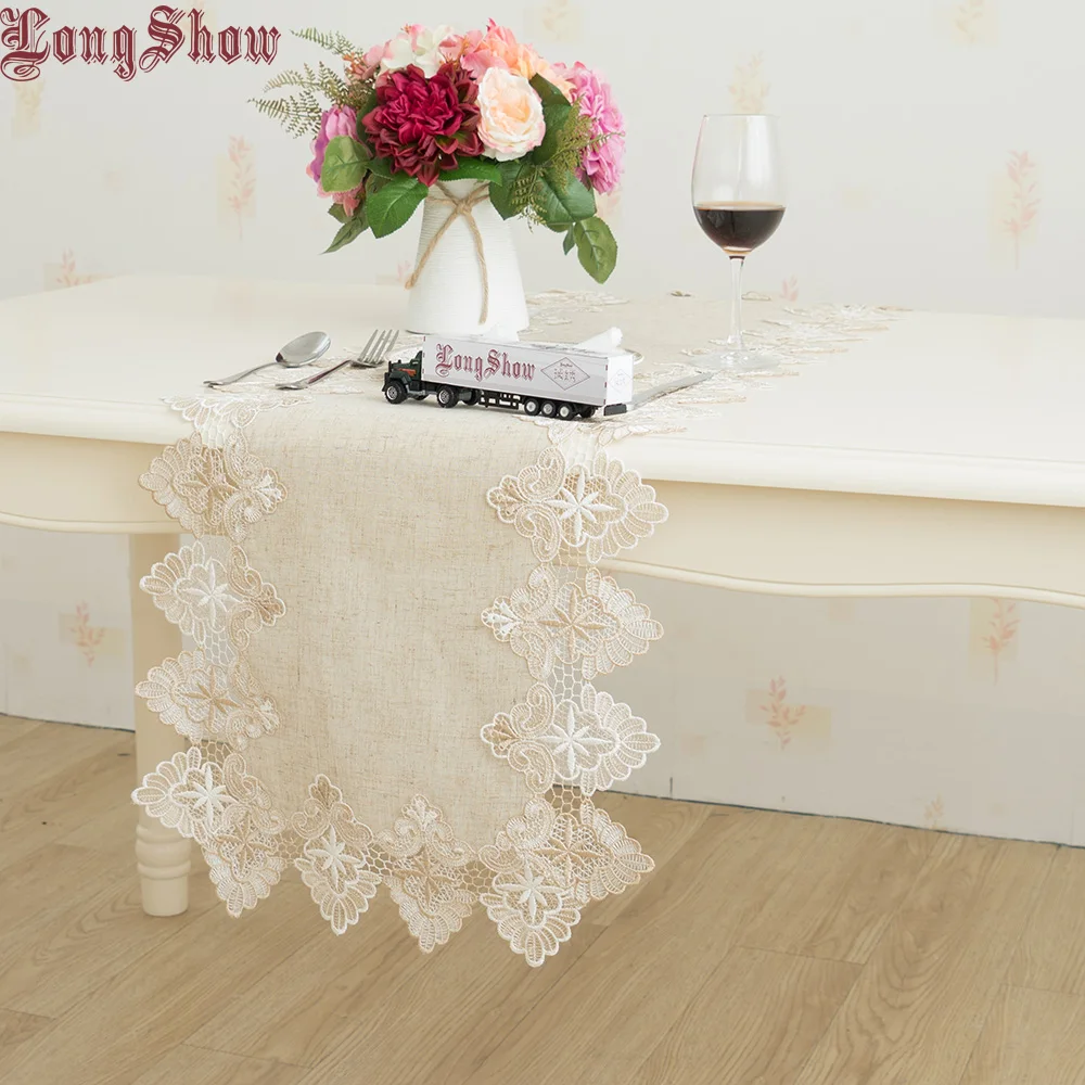 LongShow Vintage Elegant 40x90 40x130 40x160cm Embroidered Lace Trim Burlap Linen Table Runner