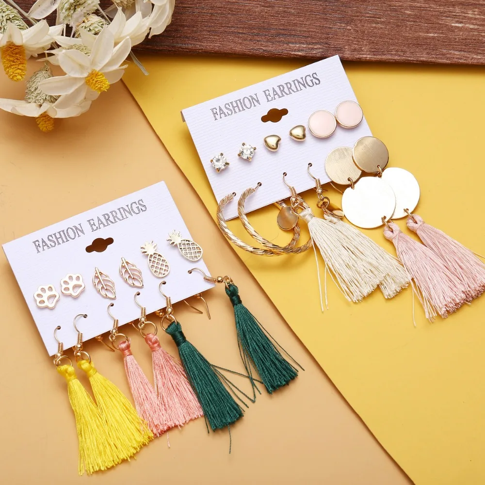 Belleper New Design Tassel Earring Sets Women Geometric Bohemian Gold Flower Long Tassel Earring Set Fashion Wedding Jewelry