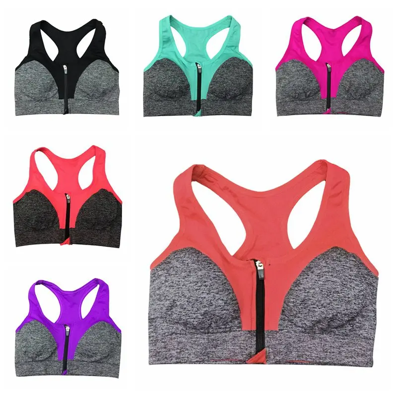 Women Sport Bra Quick Dry Zipper Shockproof Push Up Wide Shoulder