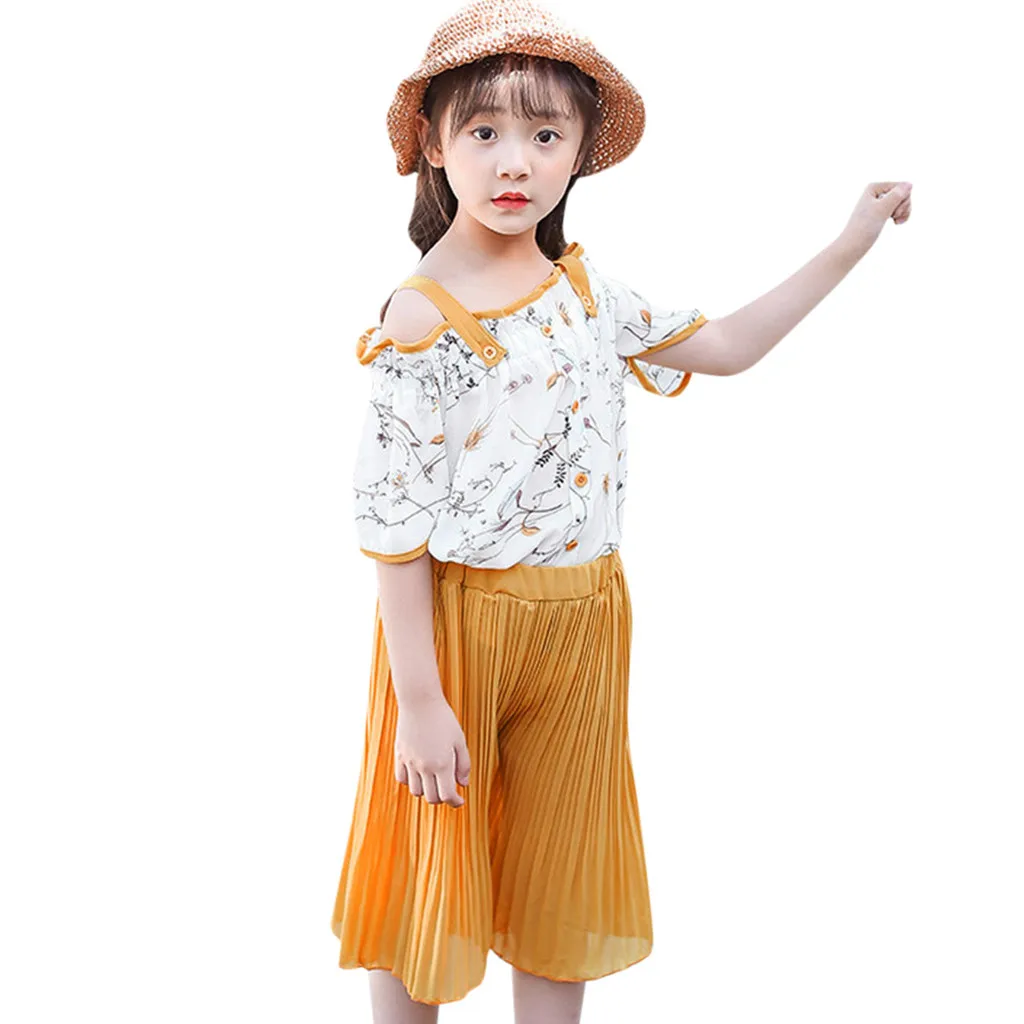 

Toddler Kids Clothes Off Shoulder Floral Print Tops+Ruffles Pants Children Clothes Outfits Girls Summer Clothes Ropa De Nina