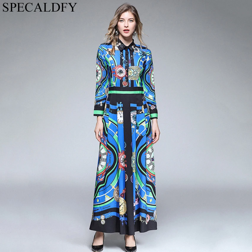 

Designer Dresses Runway 2018 High Quality Printed Retro Vintage Maxi Dress Women Long Party Dress Spring Autumn Robe Femme