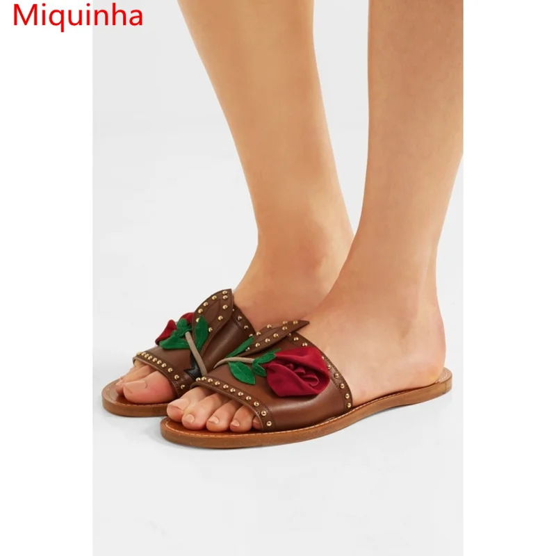 

Brand New Handmade Red Rose Green Leaves Decor Women Slipper Lady Casual Flats Open Toe Summer Shoes Slides Outdoor Sandalia